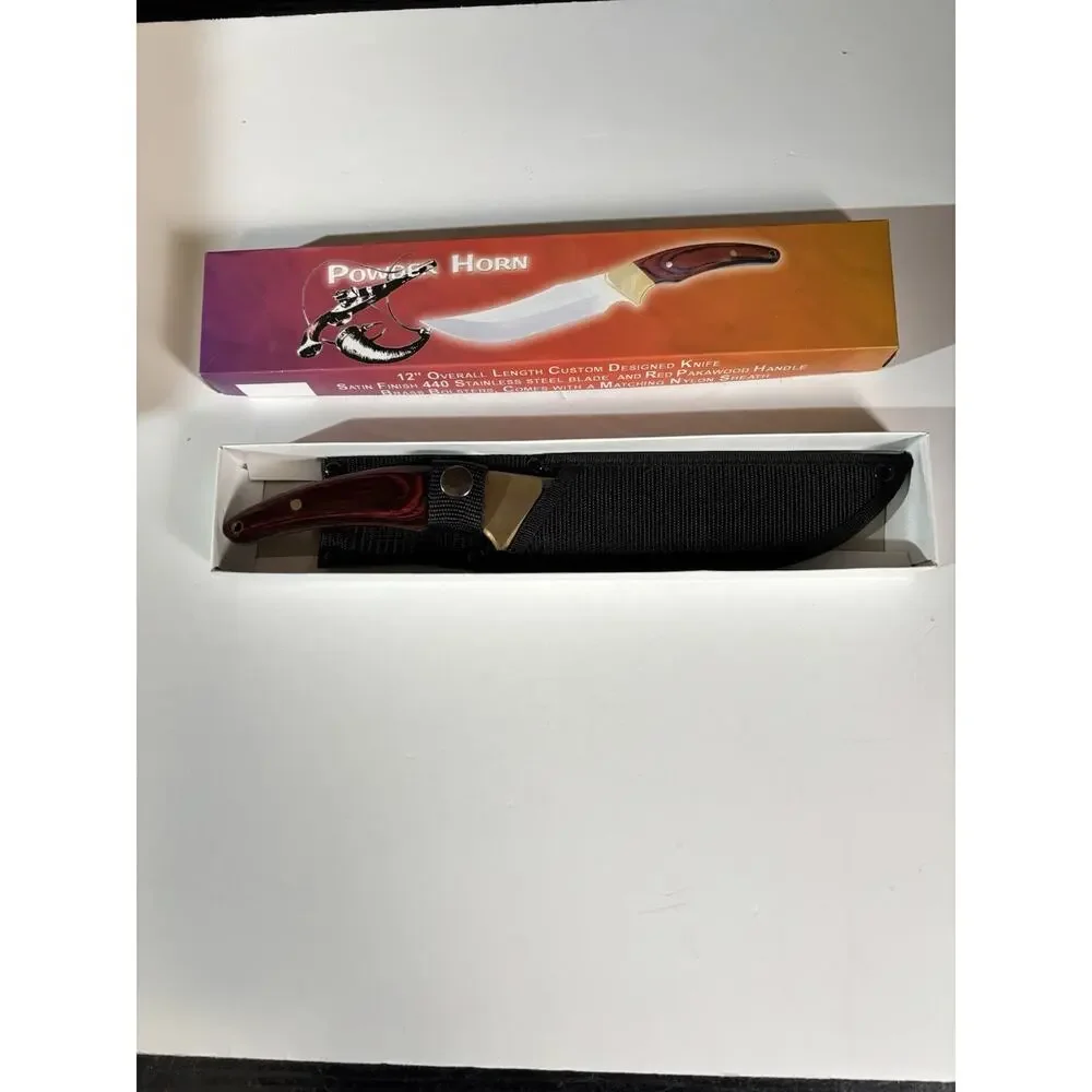 12” Custom Designed Knife Satin Finish Pakawood Handle. Nylon Sheath. New In Box